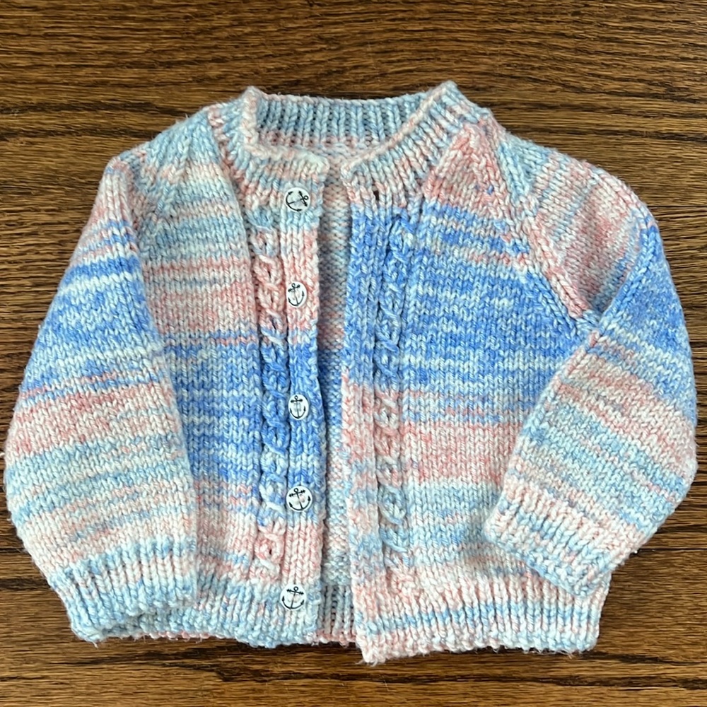 Beautiful hand knit baby sweater blue and pink with anchor buttons